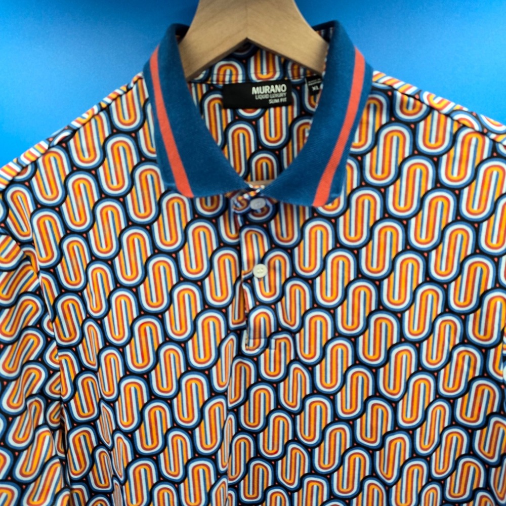 Murano Liquid Luxury Polo Shirt‎ XL Slim Fit 100% Cotton Retro Geometric Print